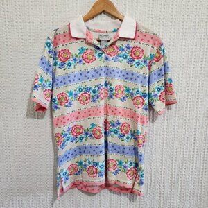 Vintage Floral Striped Polo Shirt Collared Short Sleeve 90s Cottagecore Retro S